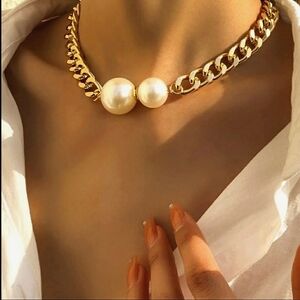 New Gold Chunky Cuban Curb Link Double Pearl Fashion Choker Necklace